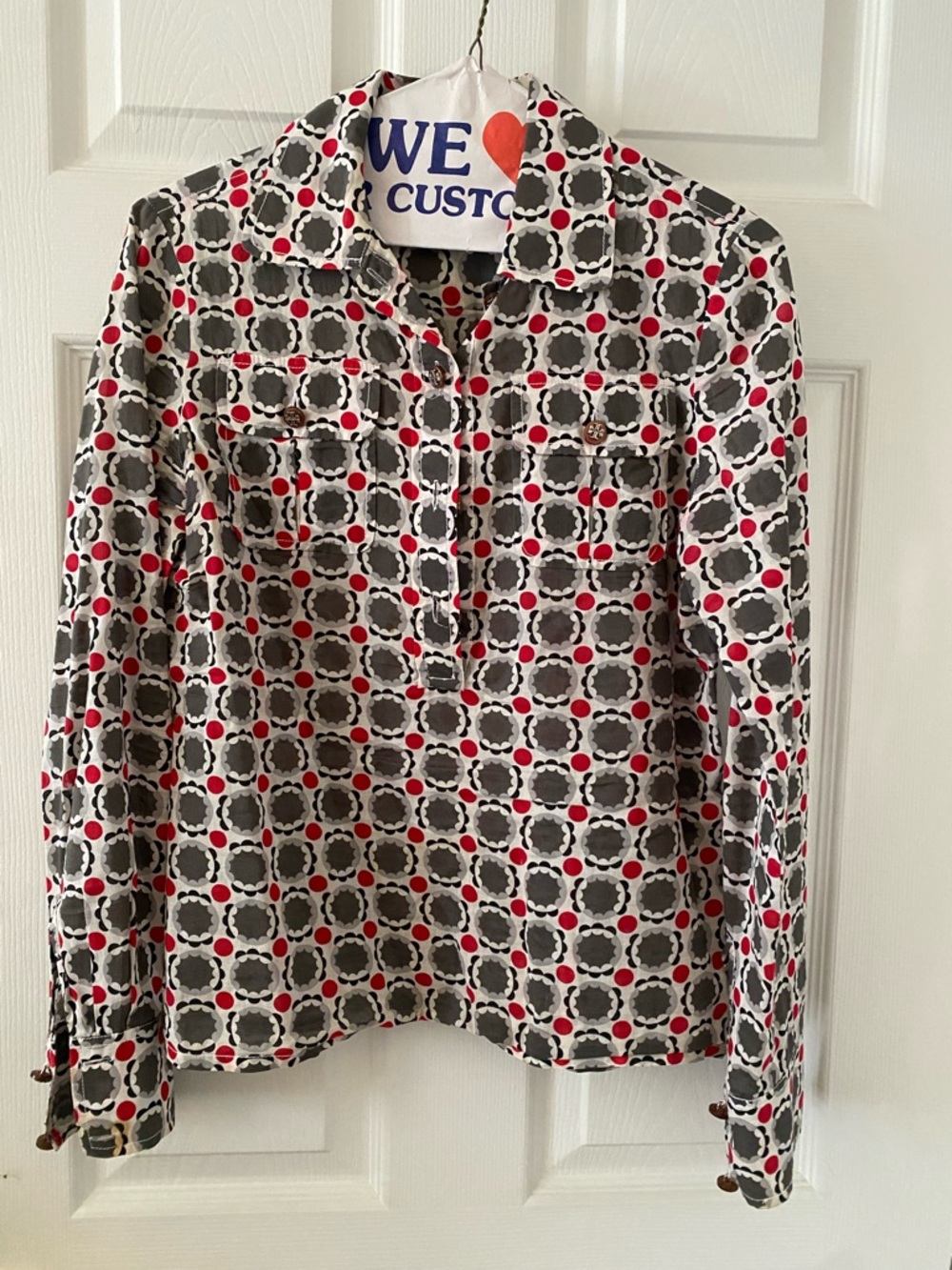 Tory Burch Patterned Button-Up Shirt in White, Gray & Red